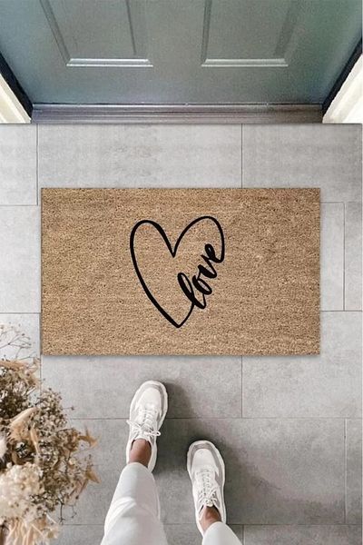 Home Heart Love Patterned Black Door Mat - K-3302