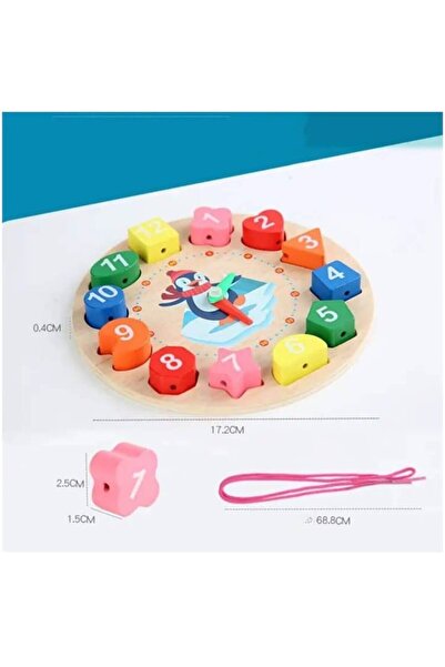 OEM Ceas Educativ din lemn pentru Copii, Cifre Detasabile, Puzzle si Joc de Snuruit, Pinguin, + 3 Ani