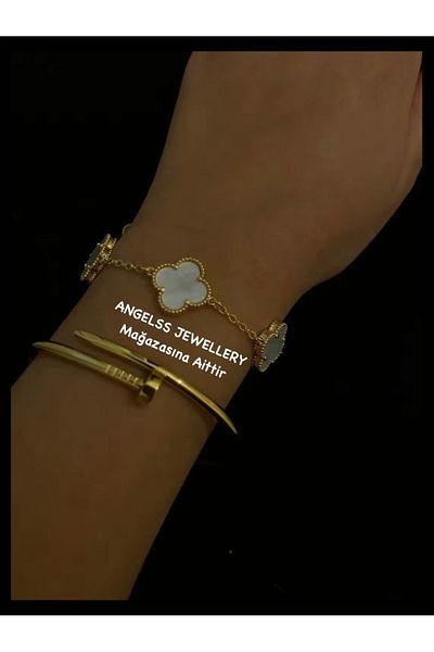 ANGELSS JEWELLERY Double Combination White Clover Model Bracelet Gold Nail Handcuff Bracelet Set Van Cleeff 2-Piece Bracelet Set