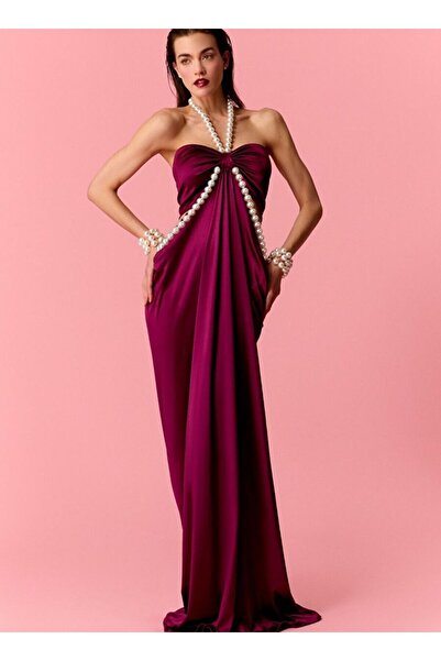 Nur Karaata Alice Pearl Burgundy Elbise