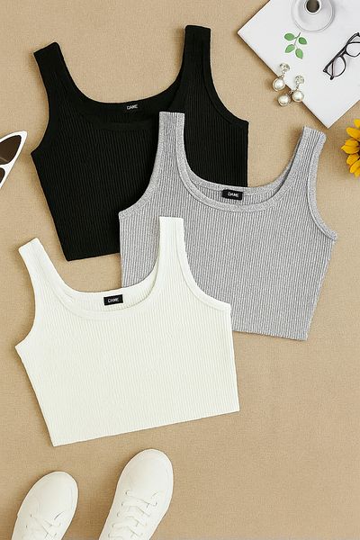 ÖZ PAMUK Essential Cotton 3-Piece Women's Name Is Strap Ribbed Crop Basic Tank Top Blouse