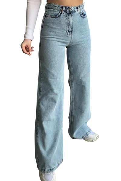 byhaziran butik Dora Women's Blue Snow Wash High Waist Modern Lycra Wide Leg Jeans
