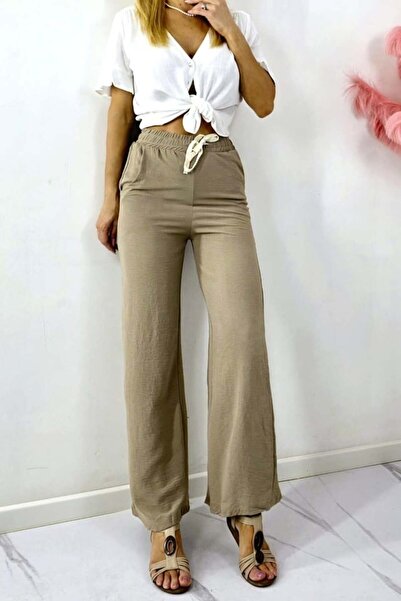 FashionForYou Women's long pants, MERON, with cotton and elastic band, BEIGE, -