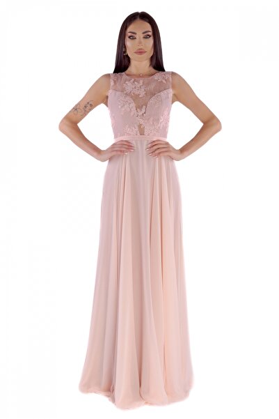 Atmosphere Fashion Rochie lungă roz cu bust din dantelă