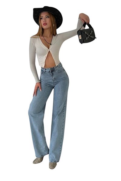 byhaziran butik Zena Women's Blue Snow Wash High Waist Lycra 90's Loose Leg Jeans