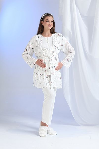Lohussa Ecru Patterned Special Design 100% Cotton Summer Maternity Maternity Dressing Gown Pajama Set