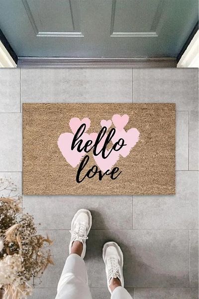 Mu Art Ahşap Pink Door Mat Hello Love Pattern K-3291