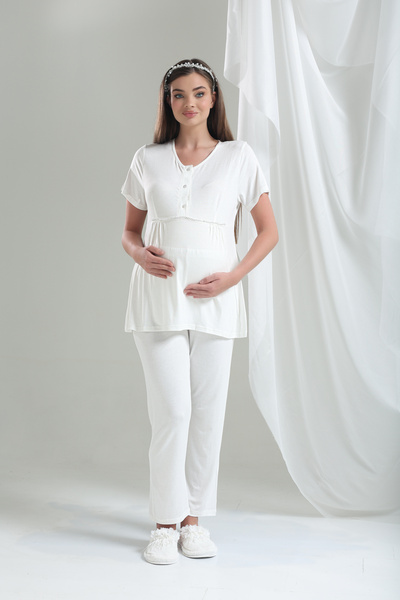 Lohussa Σετ πιτζάμες Ecru Jacquard με μαργαριτάρια πέτρα 100% βαμβακερό καλοκαιρινό μπουρνούζι εγκυμοσύνης