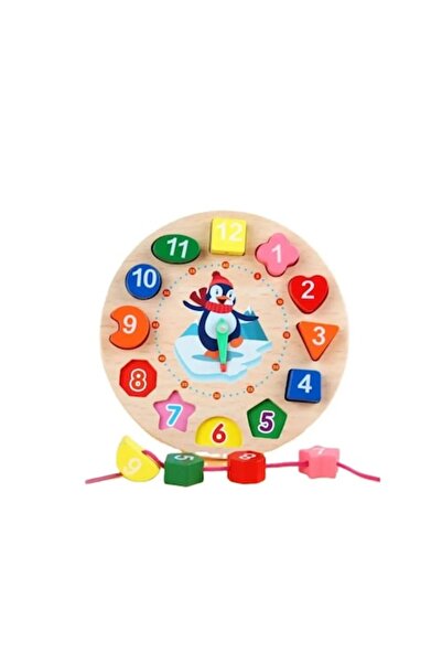 OEM Ceas Educativ din lemn pentru Copii, Cifre Detasabile, Puzzle si Joc de Snuruit, Pinguin, + 3 Ani