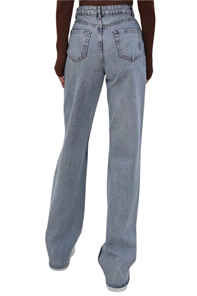 byhaziran butik Genç Kız Açık Mavi Kar Yıkama Yüksek Bel Likralı Rahat 90's Salaş Paça Jeans