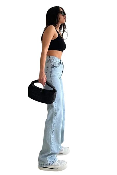 byhaziran butik Osly Teenage Girls Light Blue Snow Wash High Waist Lycra Casual 90's Loose Leg Denim Pants