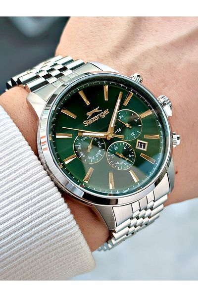 Slazenger Silver-Green Color 10 Atm Waterproofness Steel Cord Steel Case Men Wristwatch 1812.10Mr