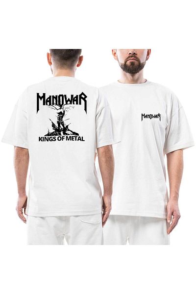Z zepplin Manowar Kings Of Metal Μαύρο μπλουζάκι με στάμπα μπροστά πίσω λευκό oversize