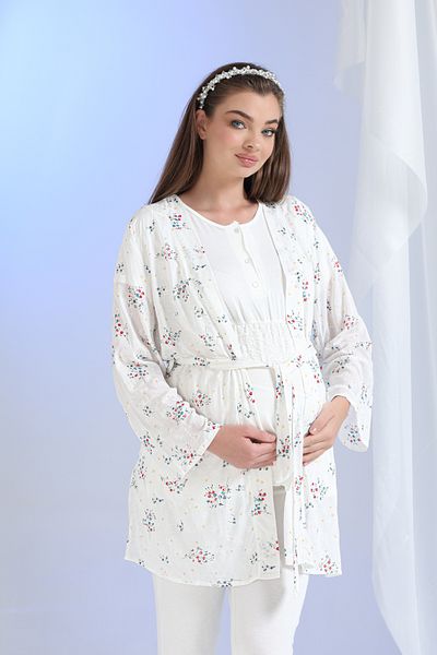Lohussa Ecru Patterned Special Design 100% Cotton Summer Maternity Maternity Dressing Gown Pajama Set