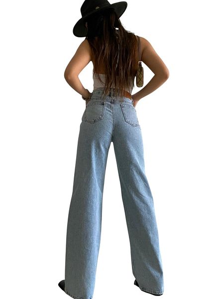 byhaziran butik Livia Women's Blue Snow Wash High Waist Lycra Wide Leg Jeans