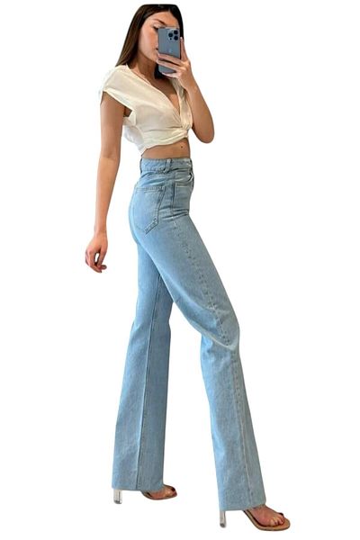 byhaziran butik Bino Girl Blue Wash High Waist Lycra Loose Wide Leg Jeans