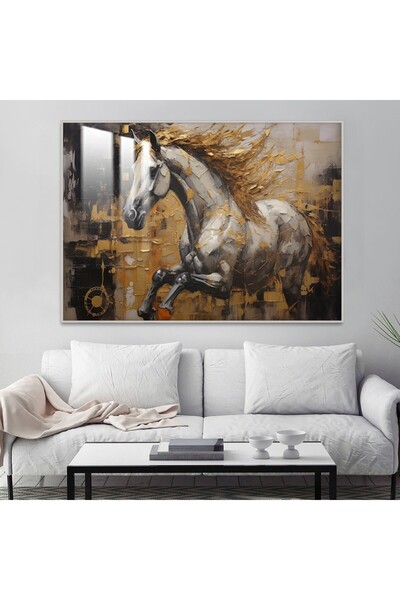4gdran لوحة جدارية خشبية فاخرة بتصميم خيول مع برواز فضي و طبقة من الاكرليك ال...