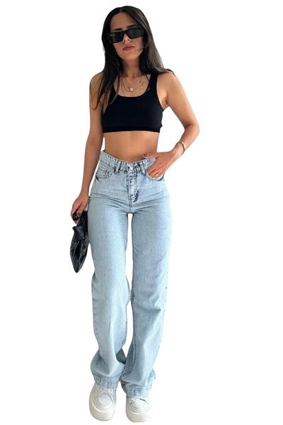 byhaziran butik Osly Teenage Girls Light Blue Snow Wash High Waist Lycra Casual 90's Loose Leg Denim Pants