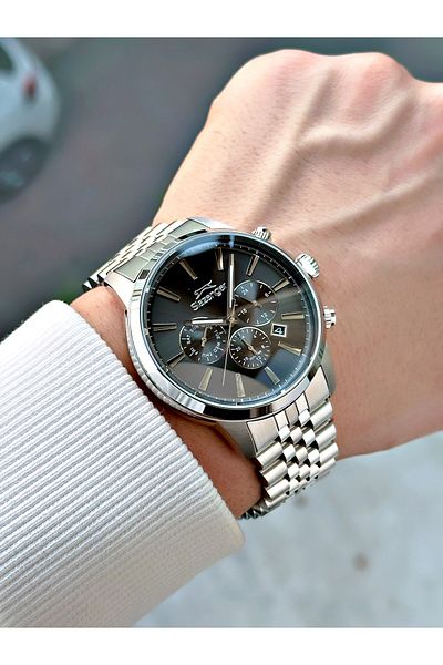 Slazenger Silver-Black Color 10 Atm Waterproofness Steel Cord Steel Case Men Wristwatch 1812.05Mr