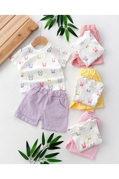 hümabebe Summer 2-Piece Suit with Little Rabbit Ears Pattern Linen Shorts