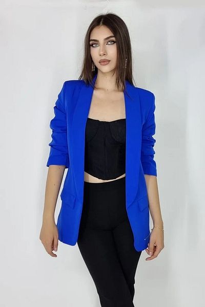FashionForYou Jachetă casual BLUMY, lungime medie cu clapete, Albastră Școlară, Mărime XL/2XL, XL/2XL