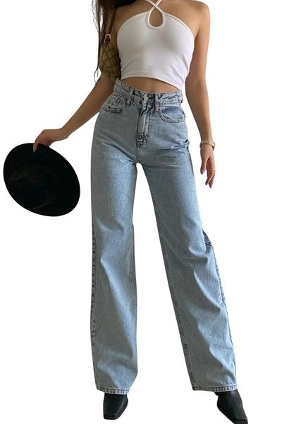 byhaziran butik Olla Women's Blue Snow Wash High Waist Lycra Wide Leg Jeans