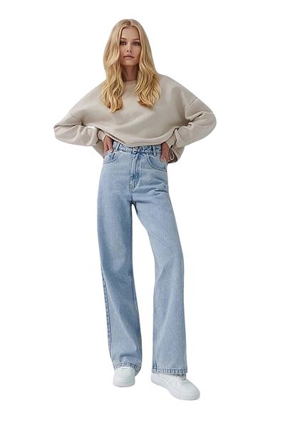 byhaziran butik Nana Young Girl Light Blue Snow Wash High Waist Lycra Comfortable 90's Loose Leg Jeans
