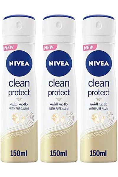 NIVEA Antiperspirant Spray for Women, 48h Protection, Clean Protect Pure Alum, 3x150ml