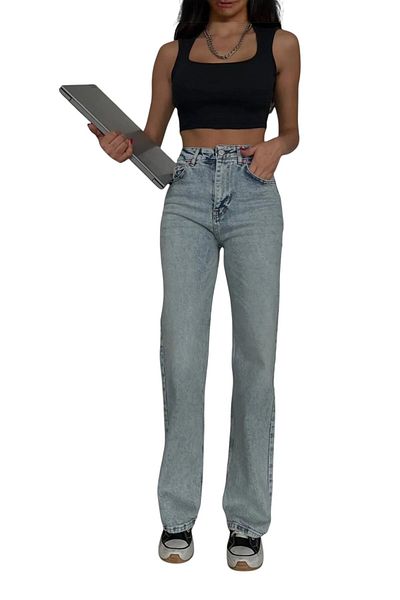 byhaziran butik Ladria Light Blue Snow Wash High Waist Stretchy Stylish Wide Leg Jeans