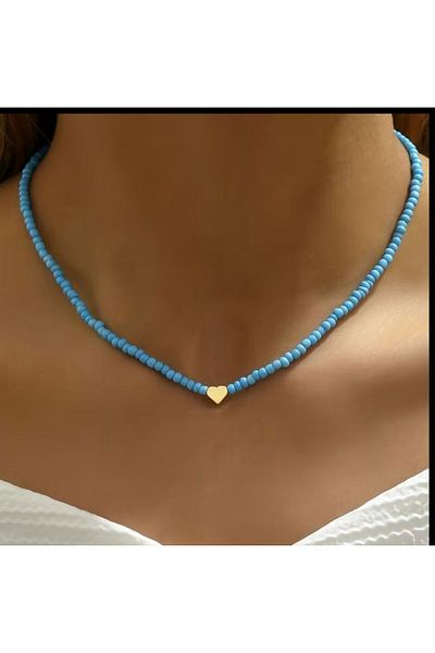 Stoneday Turquoise Blue Beaded Gold Heart Summer Necklace