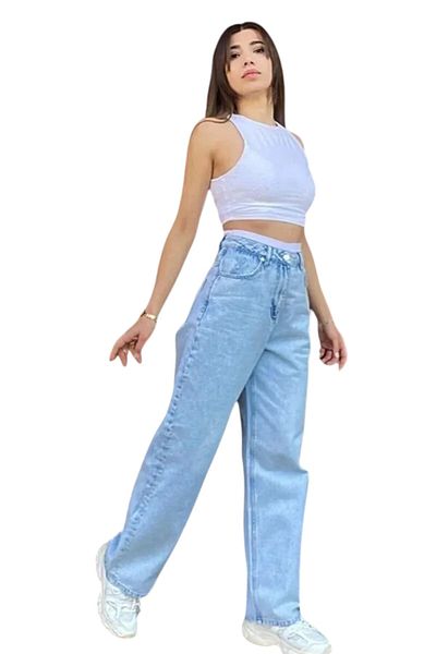 byhaziran butik Midy Women's Blue Snow Wash High Waist Lycra Casual Loose Leg Jeans