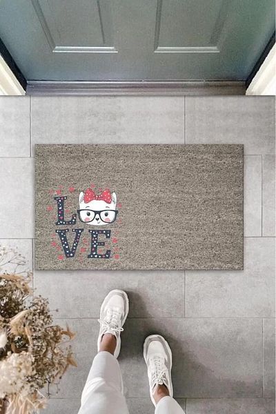 None Digital Printing Gray Polka Dot Love Written White Cat with Glasses Decorative Door Mat K-2025