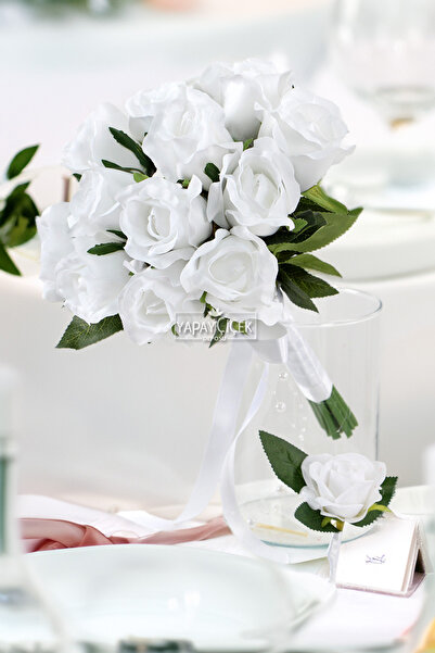 Yapay Çiçek Deposu Set de 2 buchete de mireasă cu eleganță albă perlat