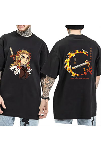 Flood Of Style Ανιμέ μπλουζάκι με σχέδια Unisex για άνδρες Rengoku Kyojuro ‌   Δολοφόνος δαίμονων