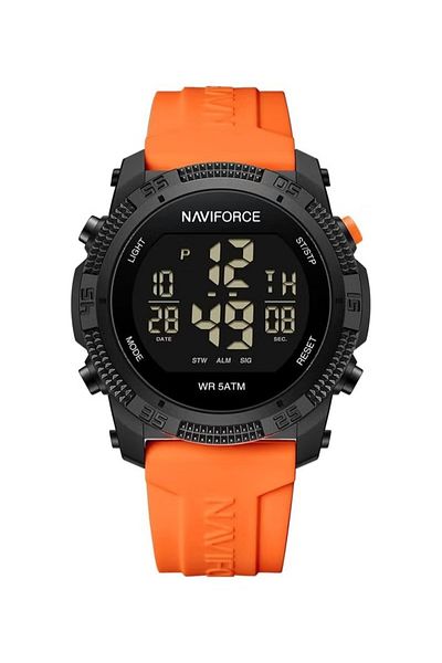 Naviforce Stylish Digital Sports Watch – 45mm Black Dial, Orange Silicone Strap, 50M Water Resistant