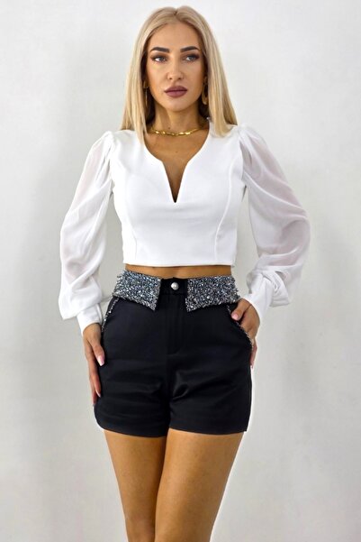 FashionForYou Κομψό σορτς MAVY, με αξεσουάρ από κρύσταλλα και χειροποίητες λεπτομέρειες, μαύρο