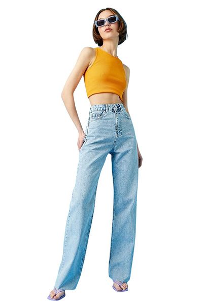 byhaziran butik Ariay Women's Light Blue Snow Wash High Waist Lycra Comfortable 90's Loose Leg Jeans