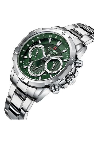 Naviforce Men's Green Dial Quartz Watch – 42mm Stainless Steel Strap, Multi-Function Display, Waterproof