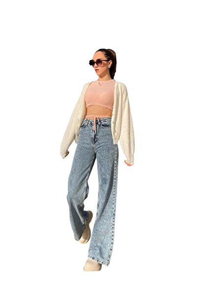 byhaziran butik Emly Women's Blue Snow Washed High Waist Stretchy Denim Fabric Loose Leg Jeans