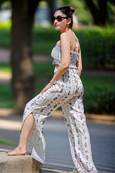 yagmurberen Back Giped Tassel Detail Crop Elastic Waist Slit Pants Cotton Fabric Double Suit