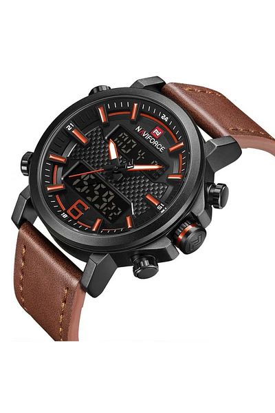 Naviforce Men's Dual Display Chronograph Watch – 46mm Black Dial, Light Brown Leather Strap, Waterproof