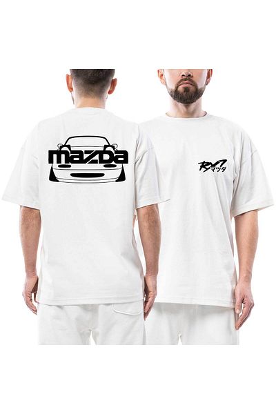 Z zepplin Mazda RX-7 Text Car Μπροστινό Πίσω Τυπωμένο Λευκό Μπλουζάκι Oversize