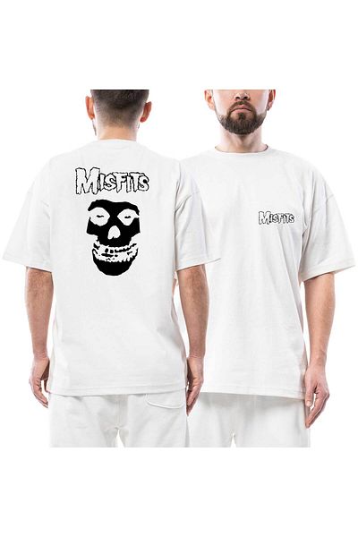 Z zepplin Misfits Skull μπροστινό πίσω εμπριμέ λευκό μπλουζάκι υπερμεγέθους
