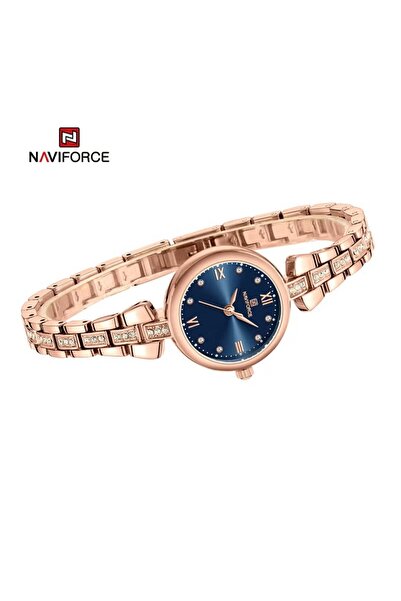 Naviforce Elegant and Luxurious Rose Gold Analog Wrist Watch with Crystal Accents and Blue Dial