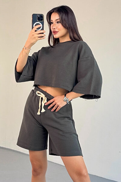 Cappmoda Tkm-03598 Smoked Color Dirty Stitched Drawstring Crop Shorts Suit