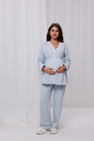 Yulem Homewear Mavi Melanj Yaka Dantelli Pamuklu Lohusa Hamile Pijama Takım 2'li Set