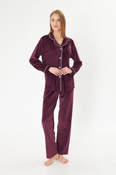 seamlife Women's Cotton Luxury Velvet Purple Shirt Collar Buttoned White Piping Pajama Set