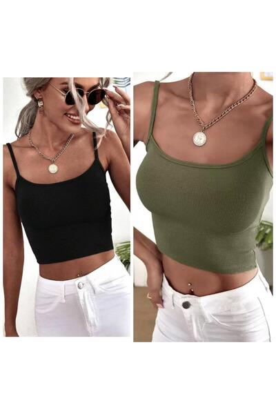 Lorya Giyim Kadın 2'li Paket İNCE ASKILI Fitilli Crop Basıc ATLET bluz