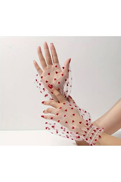 DİLARRA Boutique White Tulle with Red Heart Bridal Wedding Invited Prom Party Gloves