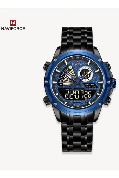 Naviforce Luxury Black and Blue Stainless Steel Mens Watch Digital Analog Quartz Waterproof